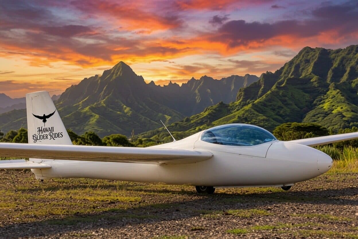 White sailplane on the grass at dusk as the Wai‘anae mountains glow behind it